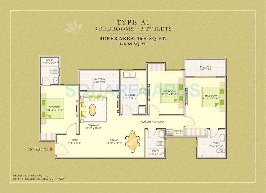 Floor plan of 3 BHK 1600 Sq. Ft. Apartment in Ashiana Housing Greens Apartment, Ghaziabad