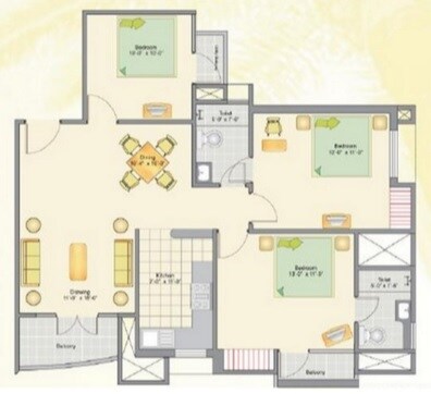 Floor plan of 3 BHK 1325 Sq. Ft. Apartment in Ashiana Palm Court, Ghaziabad