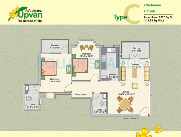 Floor plan of 2 BHK 1225 Sq. Ft. Apartment in Ashiana Upvan, Ghaziabad