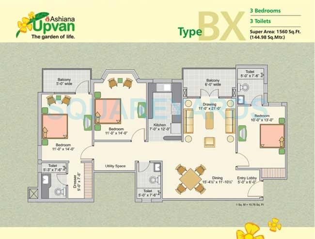 Floor plan of 3 BHK 1560 Sq. Ft. Apartment in Ashiana Upvan, Ghaziabad