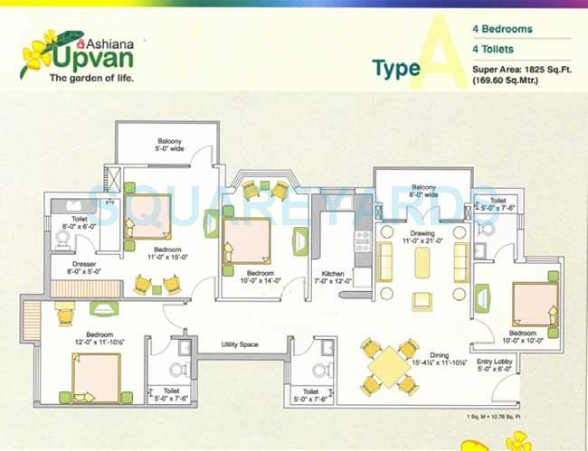 Floor plan of 4 BHK 1825 Sq. Ft. Apartment in Ashiana Upvan, Ghaziabad