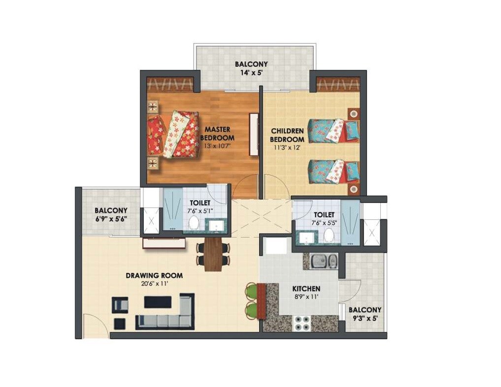 Floor plan of 2 BHK Apartment - 1235 sq. ft. in Assotech The Nest, Ghaziabad