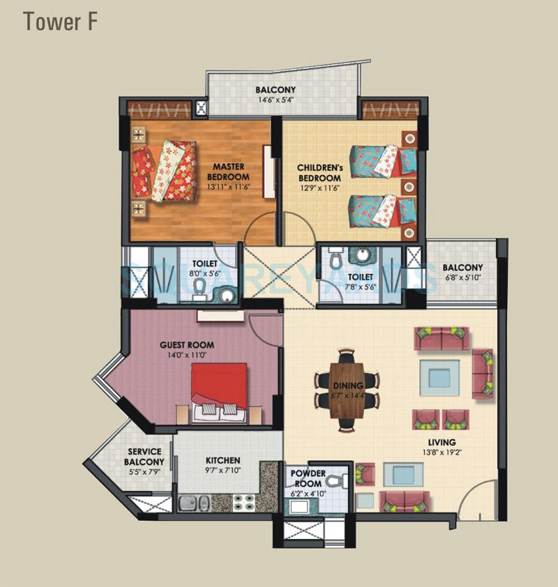 Floor plan of 3 BHK Apartment - 1023 sq. ft. in Assotech The Nest, Ghaziabad