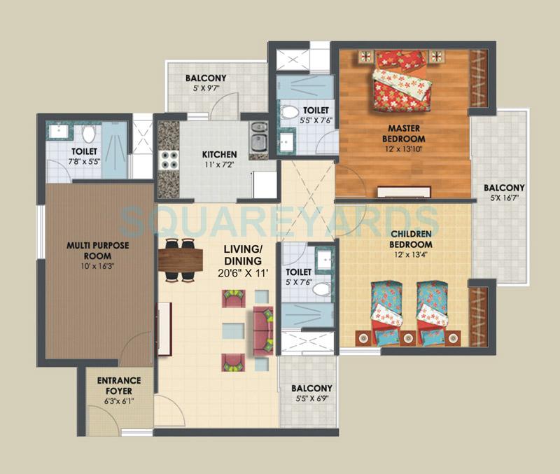 Floor plan of 3 BHK Apartment - 980 sq. ft. in Assotech The Nest, Ghaziabad