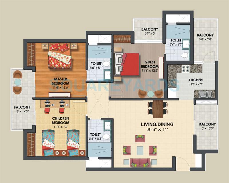 Floor plan of 3 BHK Apartment - 898 sq. ft. in Assotech The Nest, Ghaziabad