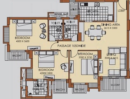 Floor plan of 3 BHK 2140 Sq. Ft. Apartment in ATS Advantage, Ghaziabad