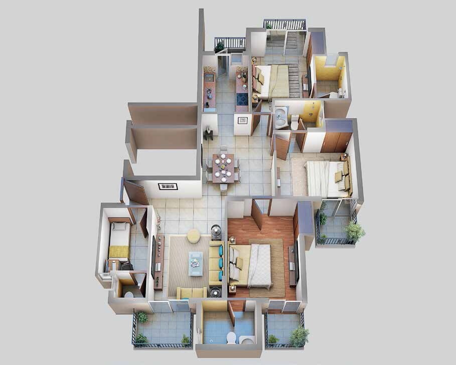 Floor plan of 3 BHK Apartment - 1400 sq. ft. in ATS Floral Pathways, Ghaziabad