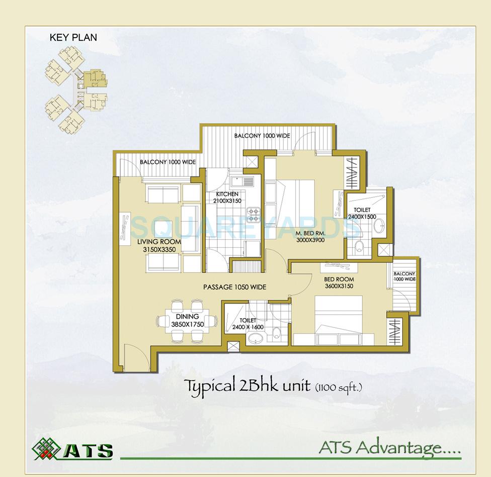 Floor plan of 2 BHK 1100 Sq. Ft. Apartment in ATS Haciendas, Ghaziabad
