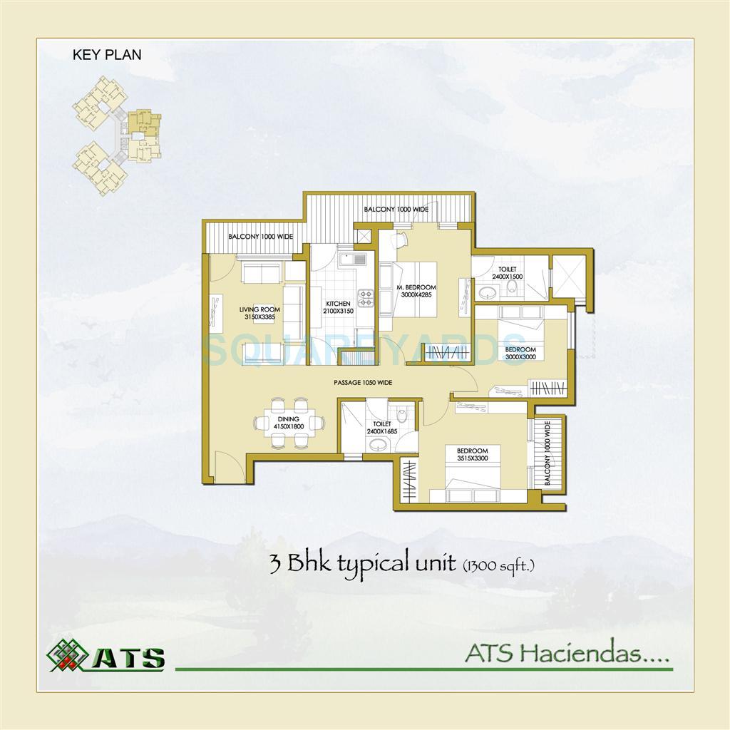 Floor plan of 3 BHK 1300 Sq. Ft. Apartment in ATS Haciendas, Ghaziabad