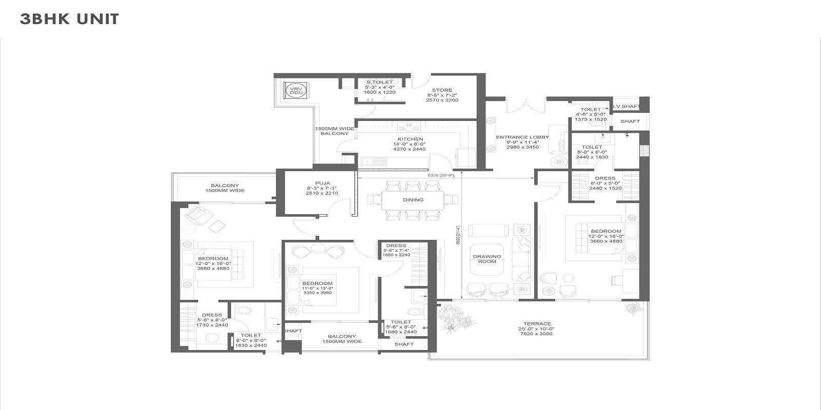 Floor plan of 3 BHK 2975 Sq. Ft. Apartment in AU The Sunflower, Ghaziabad