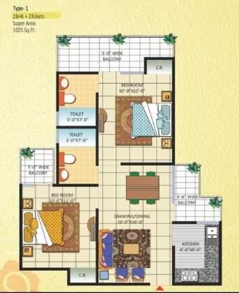 Floor plan of 2 BHK 1025 Sq. Ft. Apartment in Bankey Bihari Aggarwal Heights, Ghaziabad