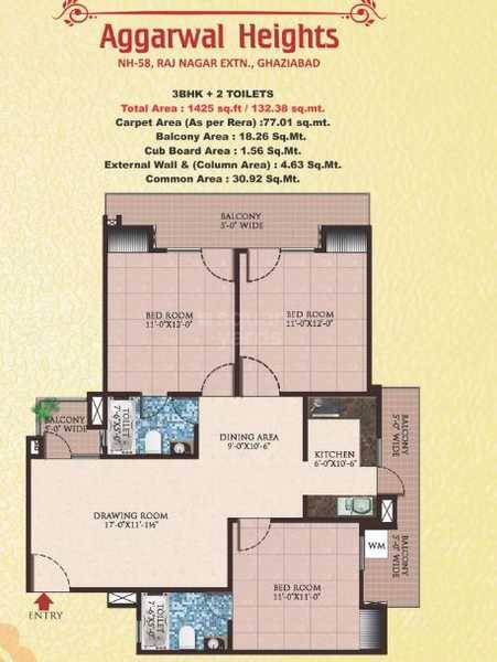 Floor plan of 3 BHK 1425 Sq. Ft. Apartment in Bankey Bihari Aggarwal Heights, Ghaziabad