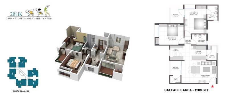 Floor plan of 2 BHK 1200 Sq. Ft. Apartment in BCC Bharat City Phase I, Ghaziabad