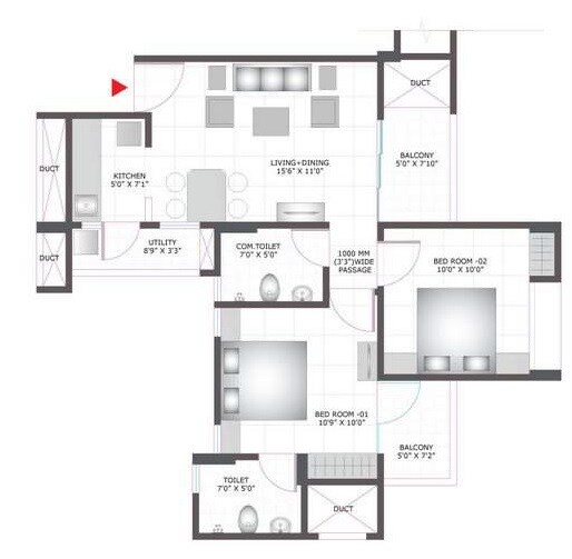 Floor plan of 2 BHK 940 Sq. Ft. Apartment in BCC Bharat City Phase I, Ghaziabad
