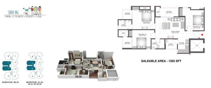 Floor plan of 3 BHK 1265 Sq. Ft. Apartment in BCC Bharat City Phase I, Ghaziabad