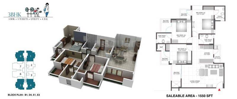 Floor plan of 3 BHK 1550 Sq. Ft. Apartment in BCC Bharat City Phase I, Ghaziabad