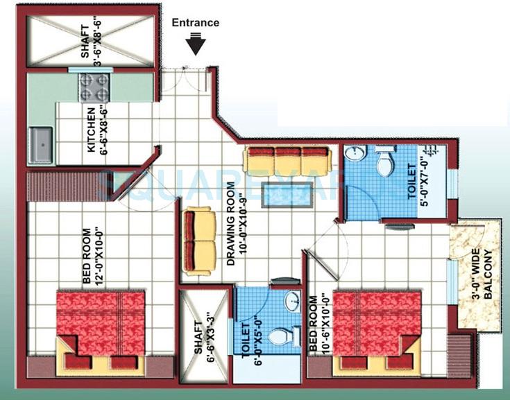 Floor plan of 2 BHK 795 Sq. Ft. Apartment in Bliss Saraswati Apartment, Ghaziabad