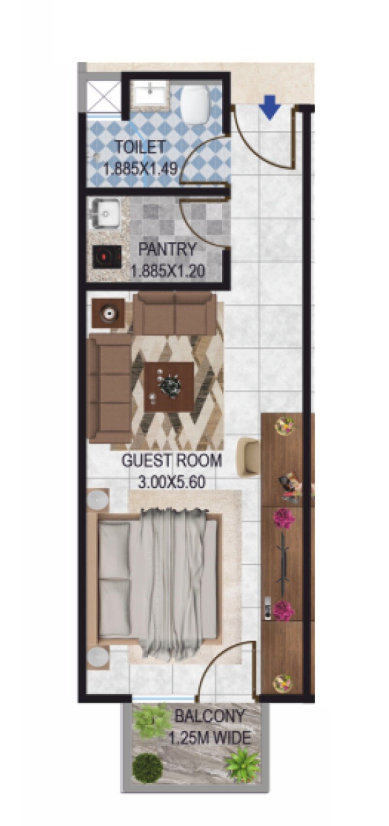 Floor plan of 600 Sq. Ft. Studio in Bluemoon Central, Ghaziabad