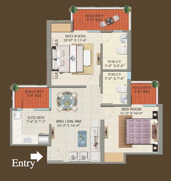 Floor plan of 2 BHK 1250 Sq. Ft. Apartment in Charms Castle, Ghaziabad