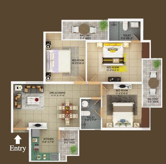 Floor plan of 3 BHK 1500 Sq. Ft. Apartment in Charms Castle, Ghaziabad