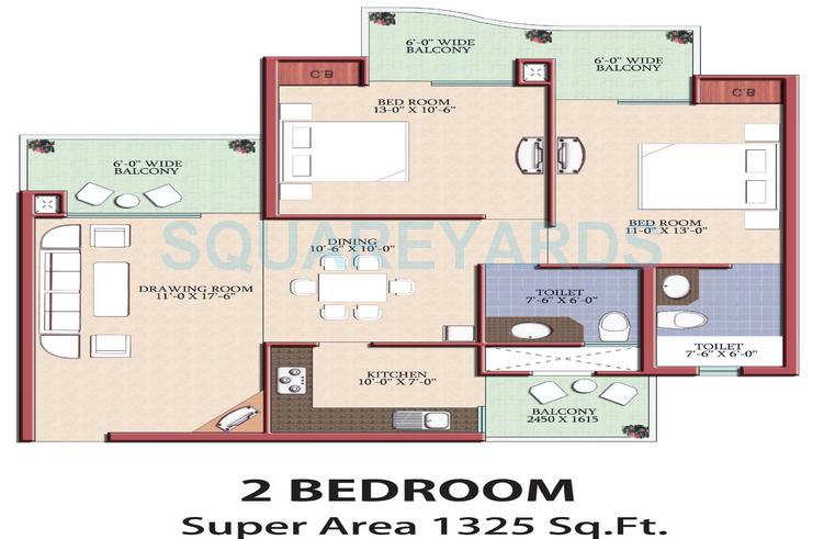 Floor plan of 2 BHK 1325 Sq. Ft. Apartment in Civitech Florencia, Ghaziabad