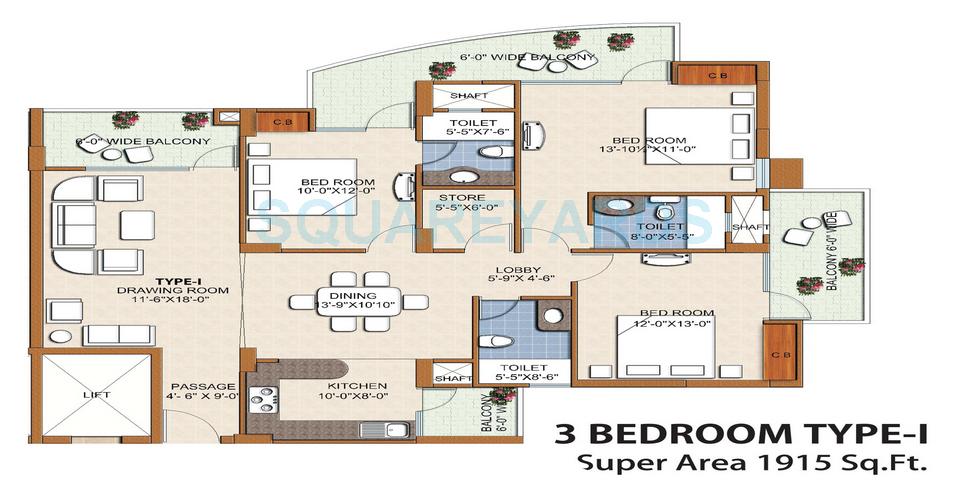 Floor plan of 3 BHK 1915 Sq. Ft. Apartment in Civitech Florencia, Ghaziabad