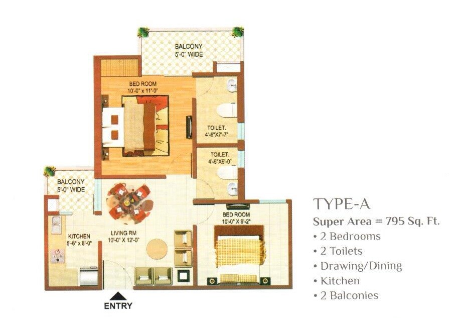 Floor plan of 2 BHK 795 Sq. Ft. Apartment in Color Homes, Ghaziabad
