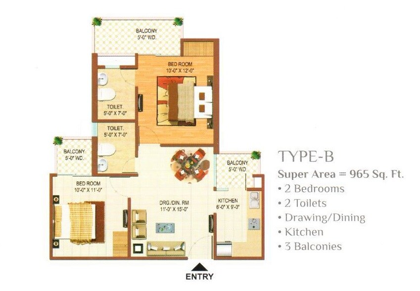 Floor plan of 2 BHK 965 Sq. Ft. Apartment in Color Homes, Ghaziabad