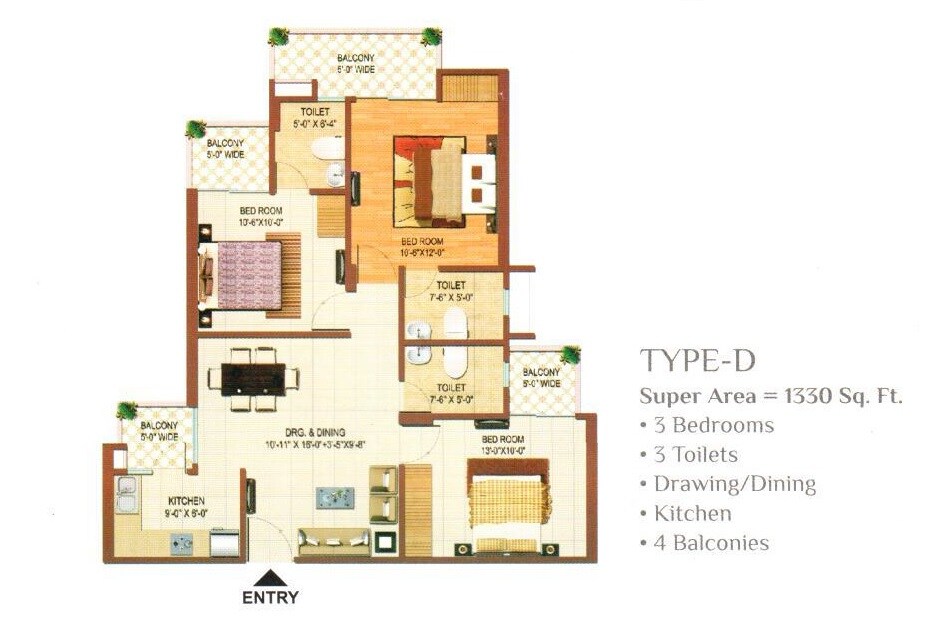 Floor plan of 3 BHK 1330 Sq. Ft. Apartment in Color Homes, Ghaziabad