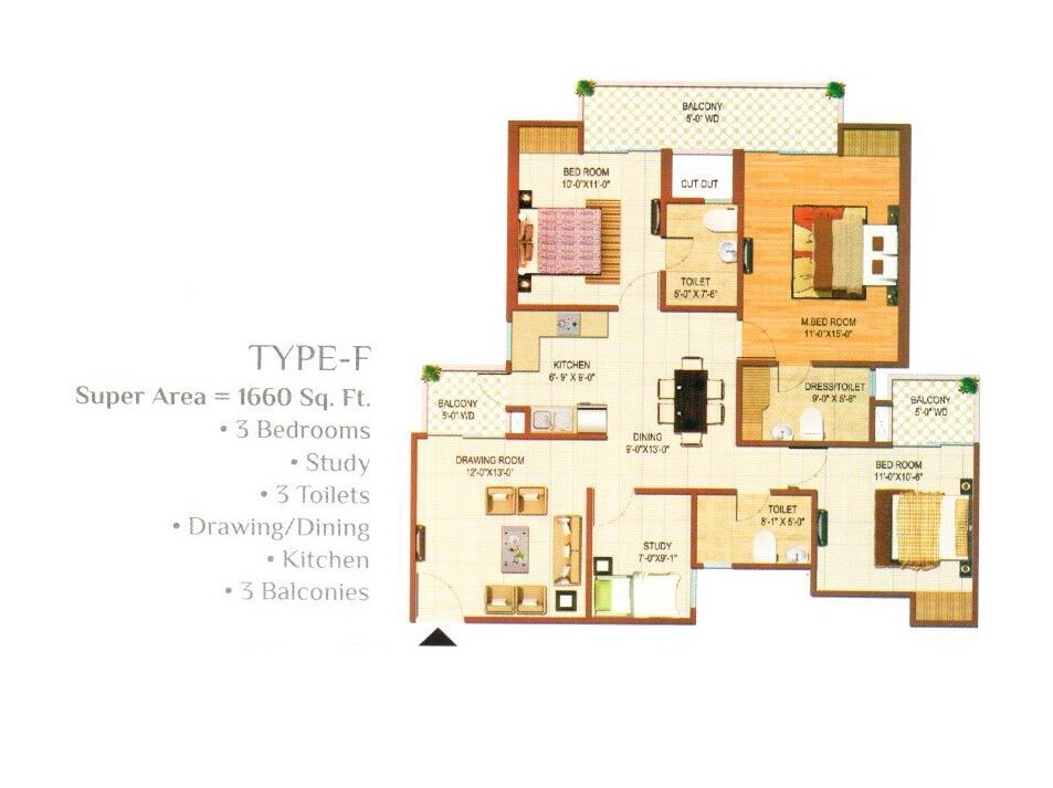 Floor plan of 3 BHK 1660 Sq. Ft. Apartment in Color Homes, Ghaziabad