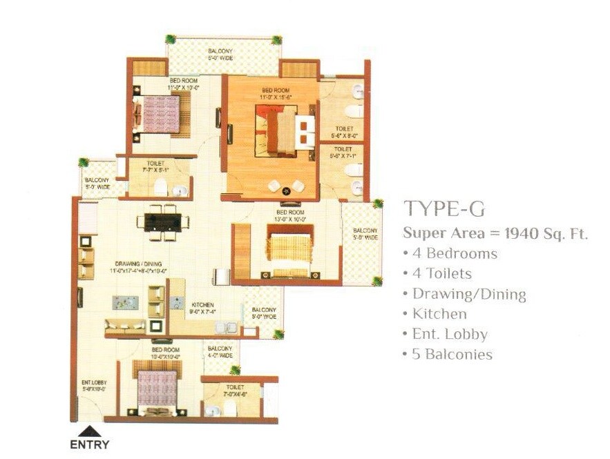 Floor plan of 4 BHK 1940 Sq. Ft. Apartment in Color Homes, Ghaziabad