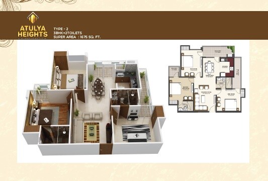 Floor plan of 3 BHK Apartment - 1675 sq. ft. in Deepsons Atulya Heights, Ghaziabad