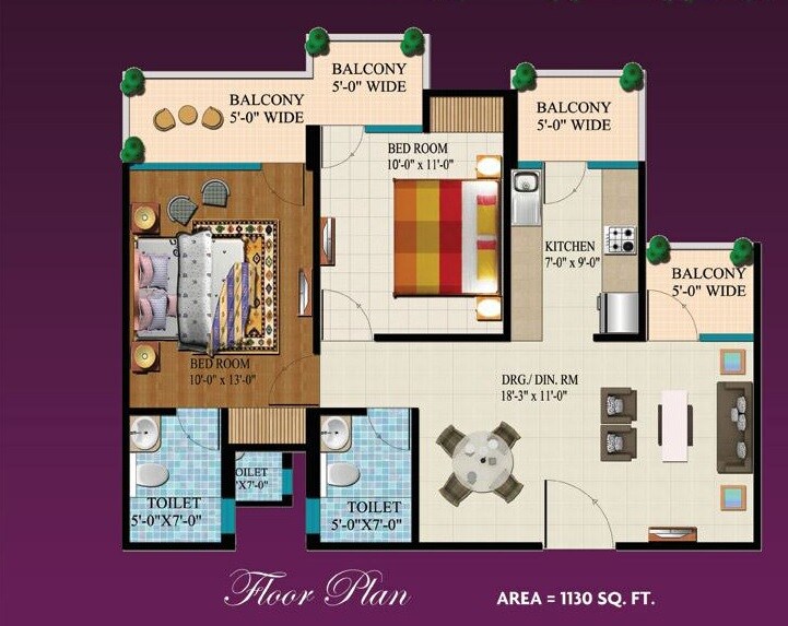 Floor plan of 2 BHK Apartment - 1130 sq. ft. in Divyansh ARC Angels, Ghaziabad