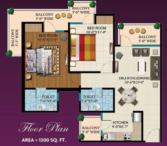 Floor plan of 2 BHK Apartment - 1200 sq. ft. in Divyansh ARC Angels, Ghaziabad