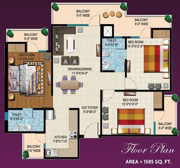 Floor plan of 3 BHK Apartment - 1585 sq. ft. in Divyansh ARC Angels, Ghaziabad