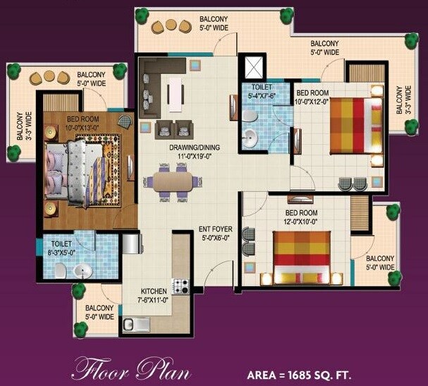 Floor plan of 3 BHK Apartment - 1685 sq. ft. in Divyansh ARC Angels, Ghaziabad