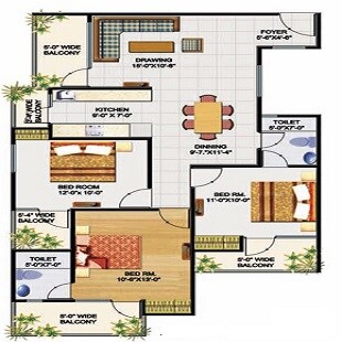 Floor plan of 3 BHK 1335 Sq. Ft. Apartment in Divyansh Fabio, Ghaziabad