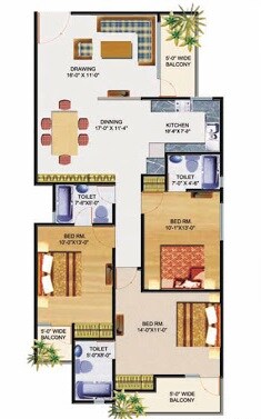 Floor plan of 3 BHK 1885 Sq. Ft. Apartment in Divyansh Fabio, Ghaziabad