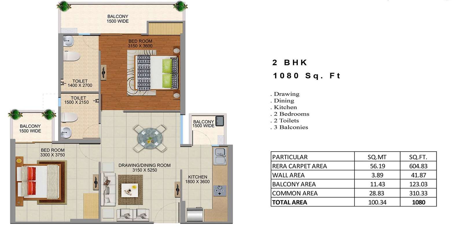 2 BHK 1080 Sq. Ft. Apartment in Divyansh Onyx