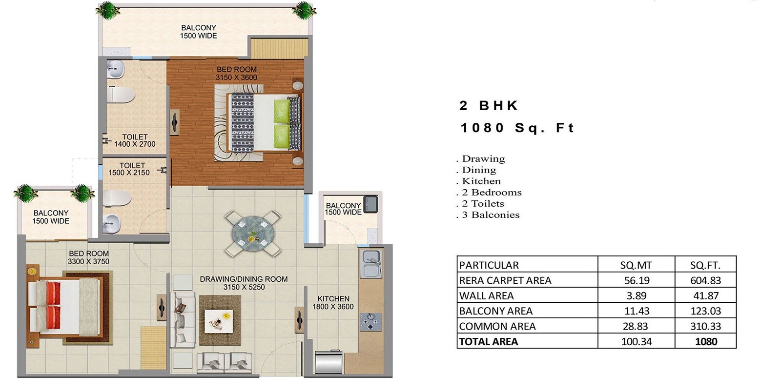 Floor plan of 2 BHK 1080 Sq. Ft. Apartment in Divyansh Onyx, Ghaziabad