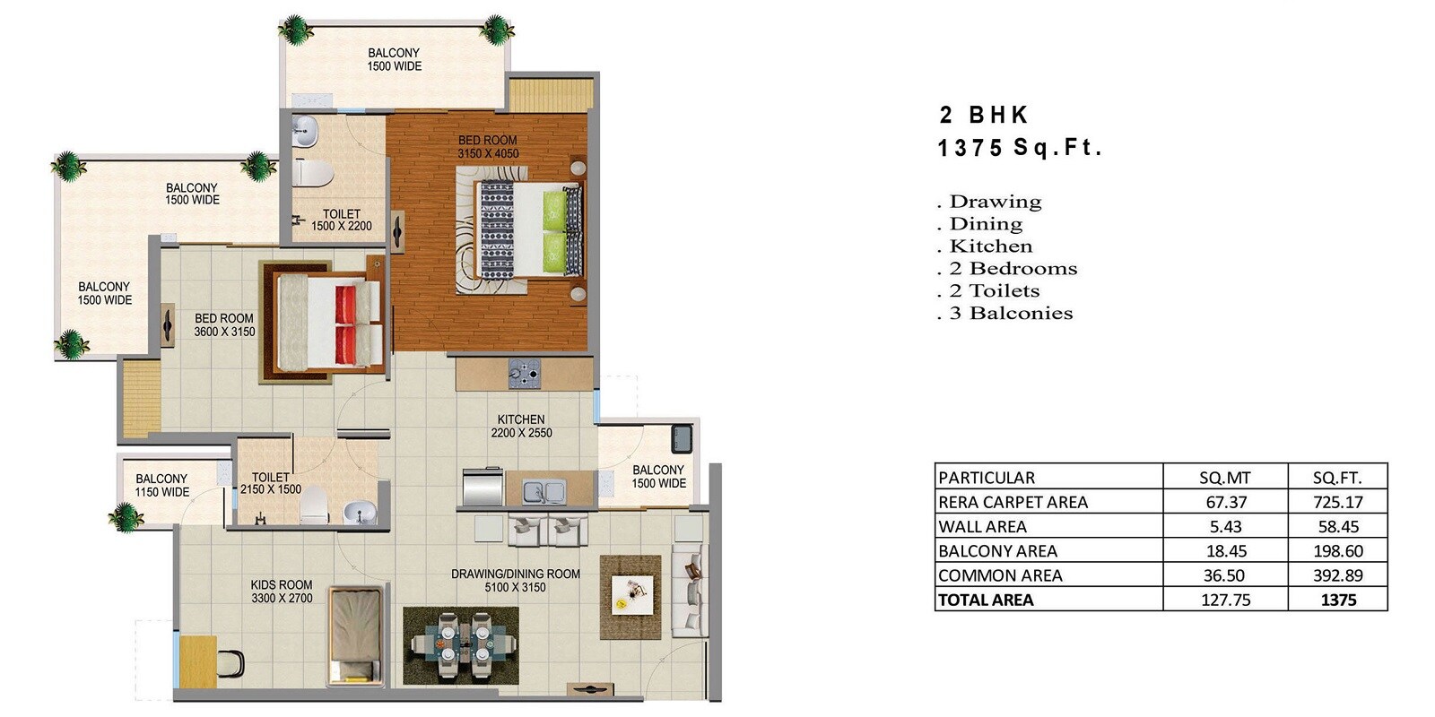 Floor plan of 2 BHK 1375 Sq. Ft. Apartment in Divyansh Onyx, Ghaziabad