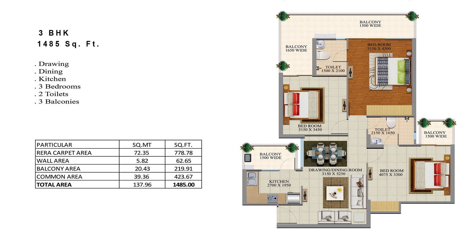 Floor plan of 3 BHK 1485 Sq. Ft. Apartment in Divyansh Onyx, Ghaziabad