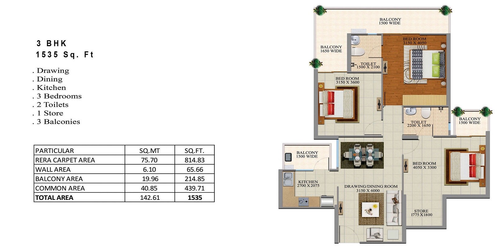 Floor plan of 3 BHK 1535 Sq. Ft. Apartment in Divyansh Onyx, Ghaziabad