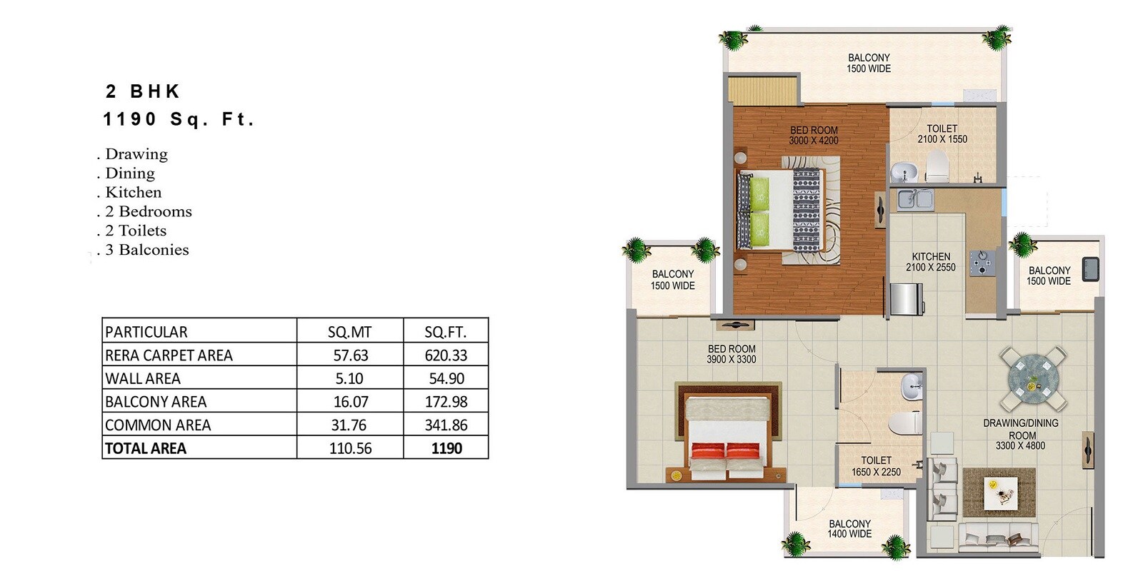 Floor plan of 2 BHK 1190 Sq. Ft. Apartment in Divyansh Onyx Phase 2, Ghaziabad