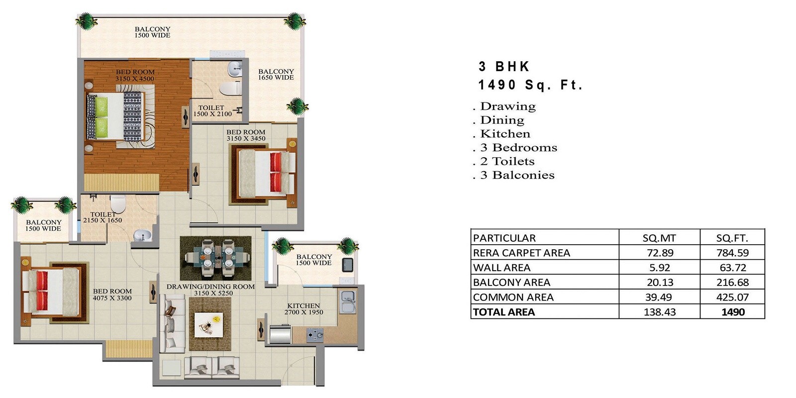 Floor plan of 3 BHK 1490 Sq. Ft. Apartment in Divyansh Onyx Phase 2, Ghaziabad