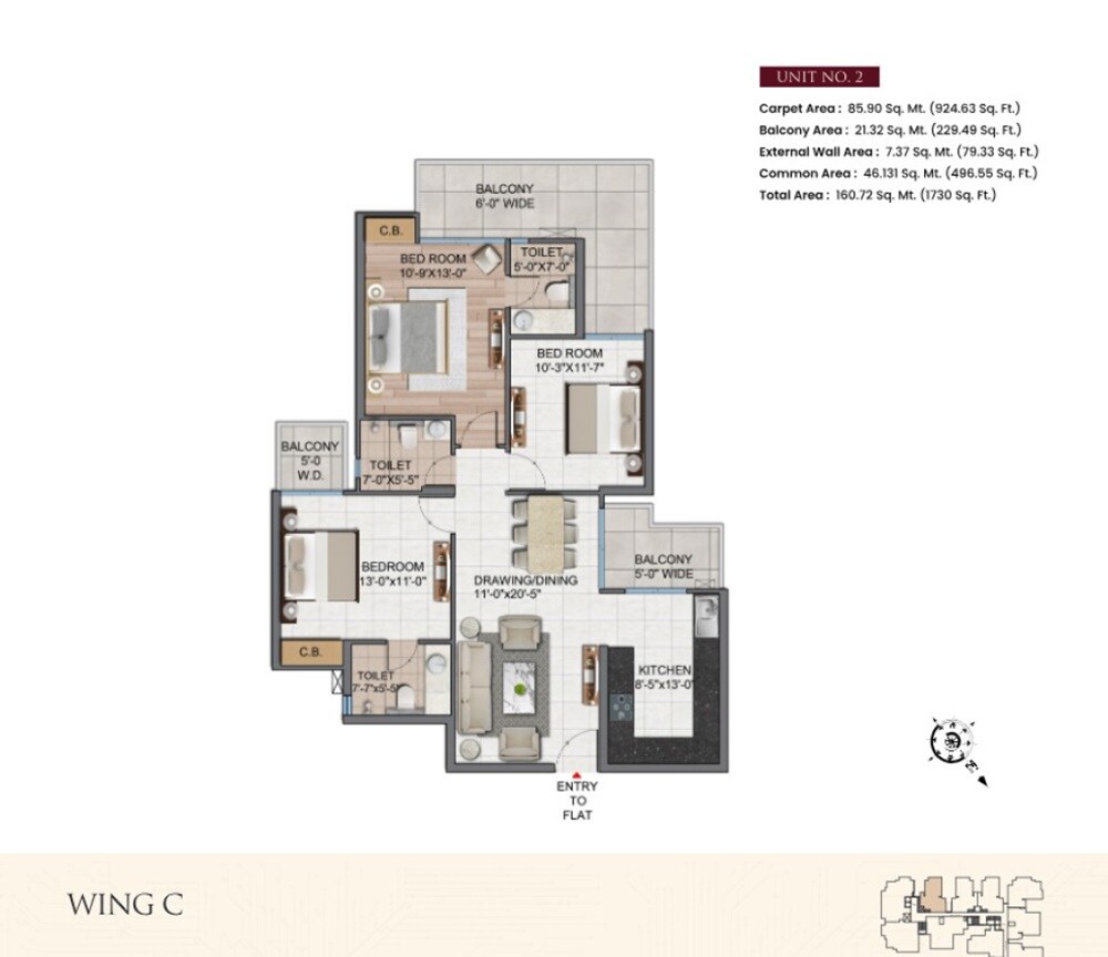 Floor plan of 3 BHK 1730 Sq. Ft. Apartment in Divyansh Orion Homes, Ghaziabad