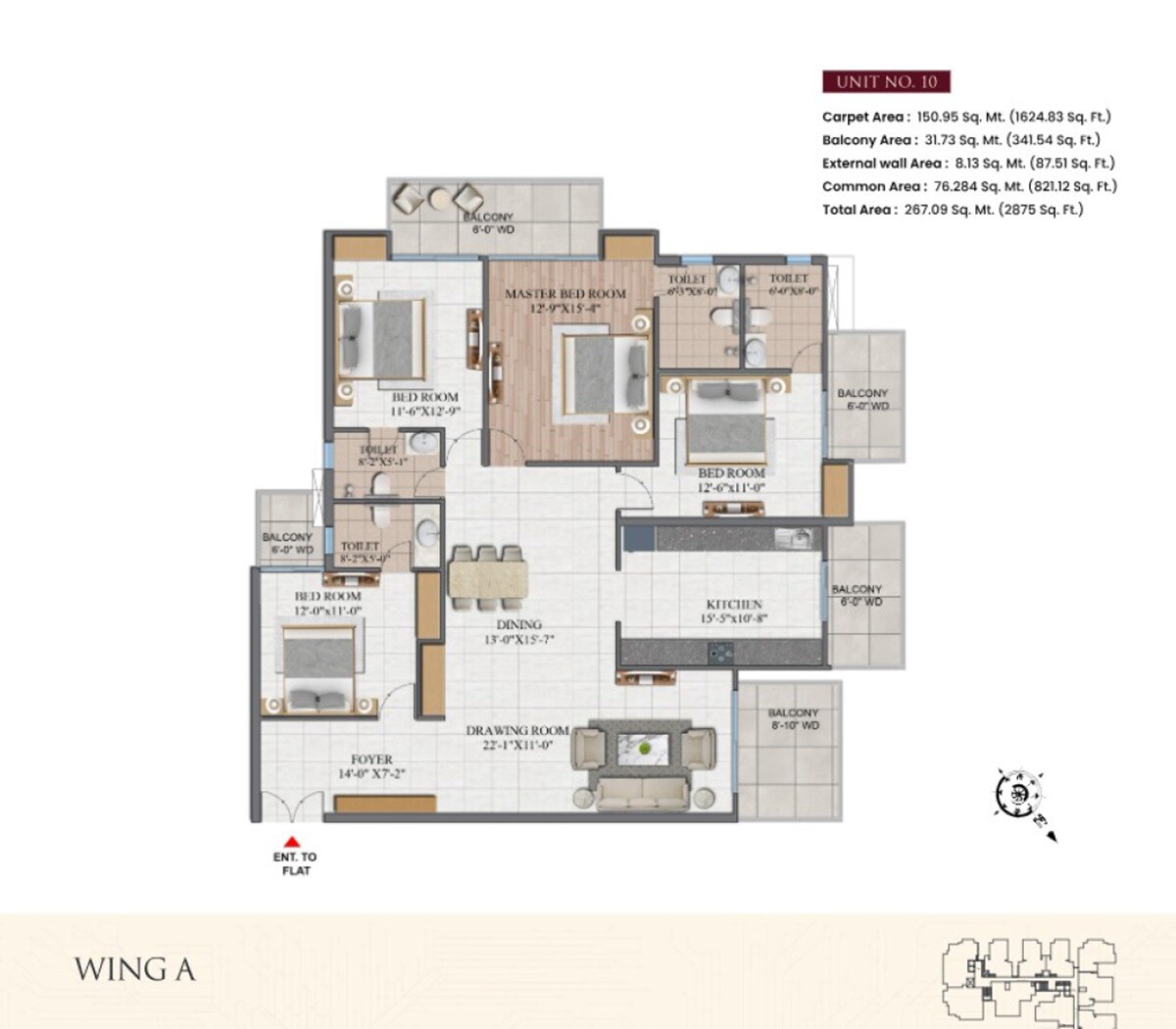 Floor plan of 4 BHK 2875 Sq. Ft. Apartment in Divyansh Orion Homes, Ghaziabad