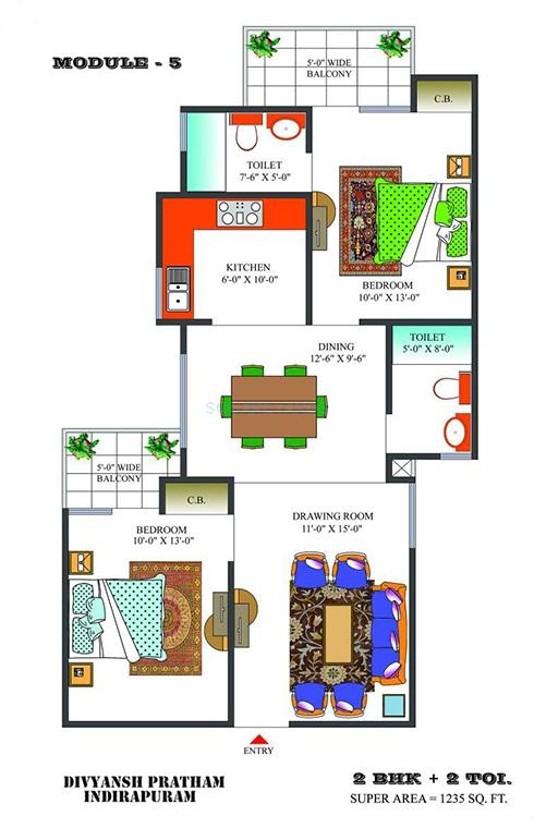 Floor plan of 2 BHK 1235 Sq. Ft. Apartment in Divyansh Pratham, Ghaziabad
