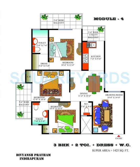 Floor plan of 3 BHK 1425 Sq. Ft. Apartment in Divyansh Pratham, Ghaziabad