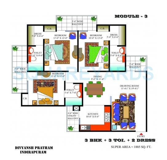 Floor plan of 3 BHK 1885 Sq. Ft. Apartment in Divyansh Pratham, Ghaziabad